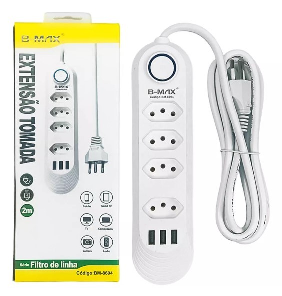 Filtro de linha e extens�o 4 tomadas + 3 USB c/ cabo 2 mt