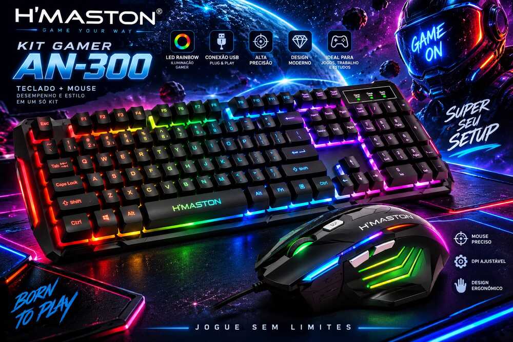 Kit Gamer Teclado e Mouse H?MASTON AN-300 USB LED Rainbow