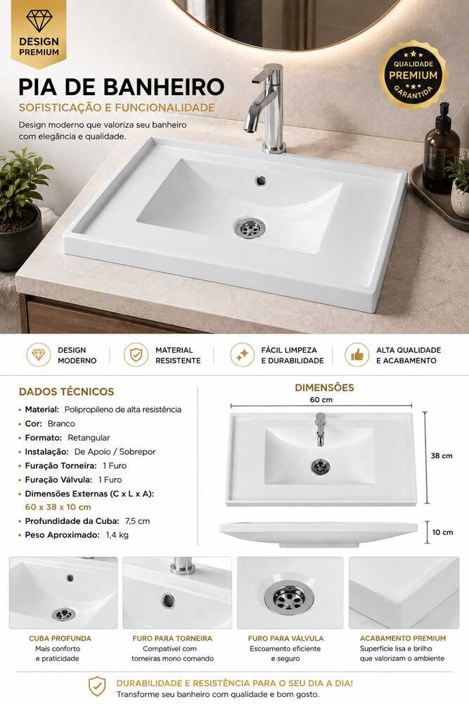 Pia Lavatorio Para Banheiro 60cm Lavabo Plastico Resistente Branco