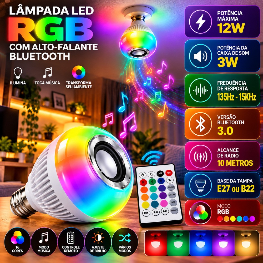 L�mpada LED RGB 12w Musical 3w Bluetooth Controle Remoto