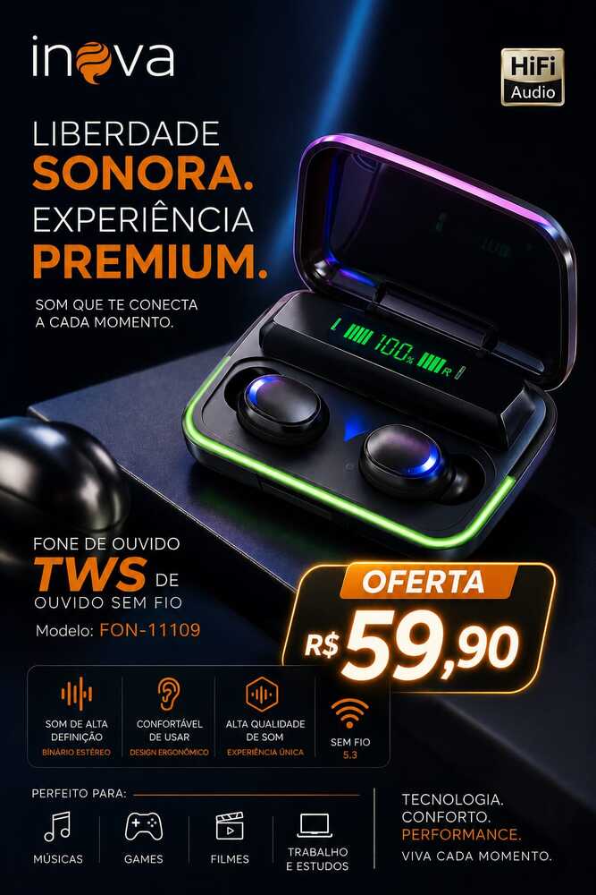 Fone Est�reo TWS Bluetooth 5.0 HIFI 30mAH FON11109